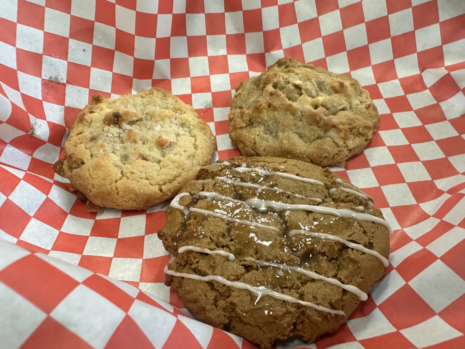 Apple oatmeal, salted caramel apple, and Thor's ginger cookies from the Aamodt's bakery