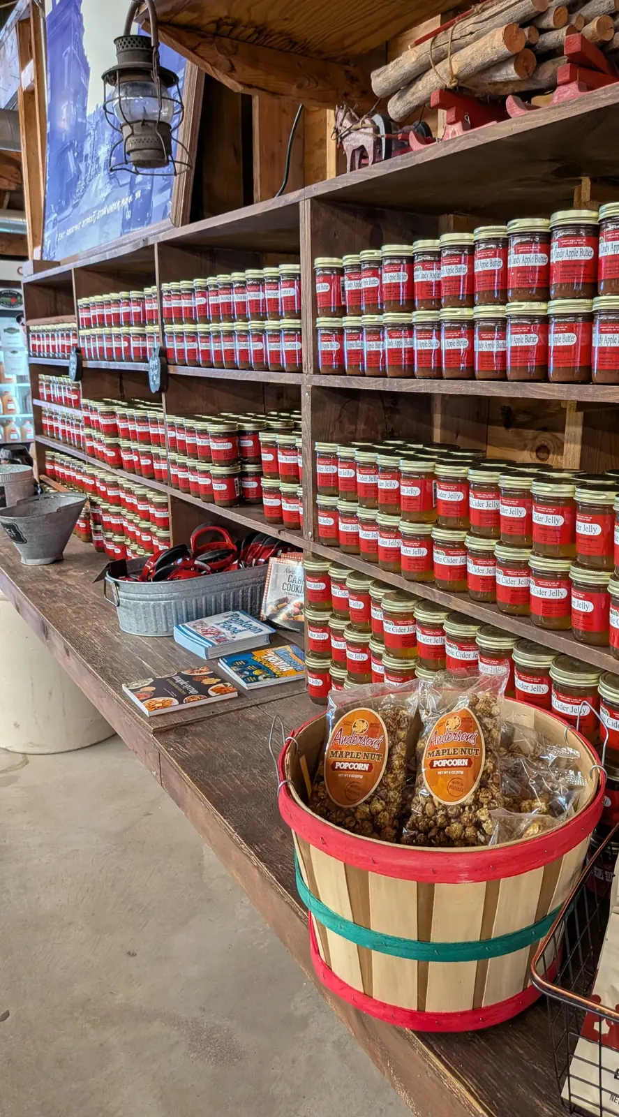 The red-label wall in the Apple Barn — Aamodt's apple butter, apple cider jelly and jams